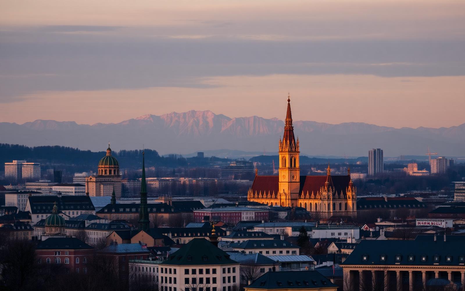 Munich skyline with Alps at golden hour